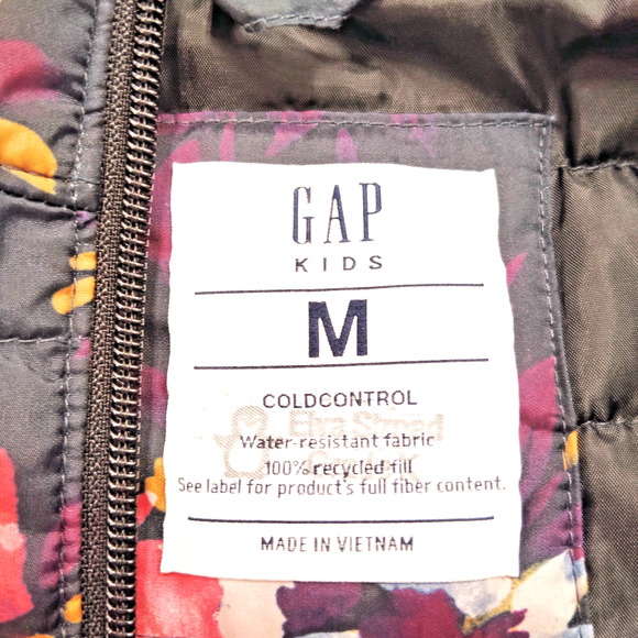 Gap Cold Control Puffer Jacket Kids Medium Black Floral Print Long Sleeve Hooded - Picture 4 of 6